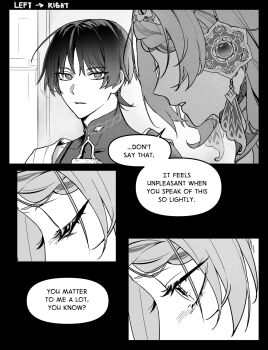 1boy 1girl bags_under_eyes blunt_ends braid braided_bangs choppy_bangs closed_eyes commentary covered_collarbone earrings english_commentary english_text eyelashes facing_down gem genshin_impact greyscale hair_ornament half-closed_eyes hetero highres jewelry jlypih left-to-right_manga light_blush looking_at_another looking_down mandarin_collar monochrome oc_x_canon original parted_lips scaramouche_(genshin_impact) shoulder_peek speech_bubble tsurime wanderer_(genshin_impact)