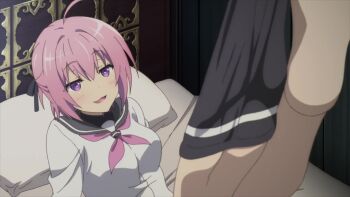 1girl animated barefoot choujin_koukousei-tachi_wa_isekai_demo_yoyuu_de_ikinuku_you_desu! feet foot_focus highres sarutobi_shinobu school_uniform smile smug sock_pull socks soles solo tagme toes unworn_socks video