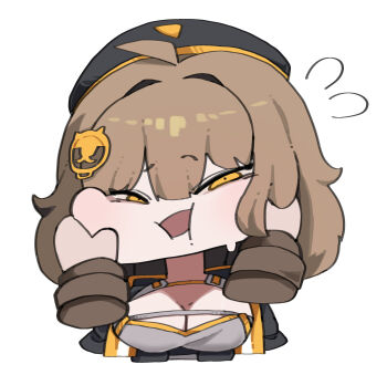 1girl 1other absurdres ahoge anis_(nikke) beret black_hat black_jacket breasts brown_hair chibi chibi_only cleavage flying_sweatdrops goddess_of_victory:_nikke grey_shirt hair_ornament hands_on_another&#039;s_cheeks hands_on_another&#039;s_face hat highres jacket kokee12 large_breasts open_clothes open_jacket shirt short_hair smile sweatdrop upper_body yellow_eyes