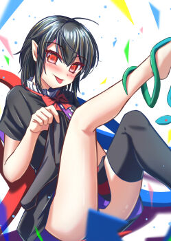 1girl :p asymmetrical_wings barefoot black_dress black_hair black_thighhighs blue_wings blurry blush bow bowtie clothes_lift commentary_request depth_of_field dress dress_lift houjuu_nue lifting_own_clothes looking_at_viewer pointy_ears red_bow red_bowtie red_eyes red_wings short_hair short_sleeves single_thighhigh smile snake solo thighhighs tongue tongue_out touhou wing_censor wings yakkyokuya