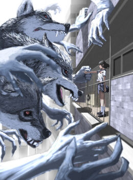 1girl absurdres armald0 black_hair building commentary extra_arms finger_gun floating_hair highres kaiju neckerchief open_mouth original red_eyes red_neckerchief school_uniform serafuku skirt wolf