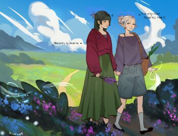 Rule 34 | 2girls, absurdres, artist name, bag, basket, black shoes, blue eyes, blue flower, blunt bangs, cardigan, commentary, elf, english commentary, english text, flower, flower in pocket, forget-me-not (flower), freckles, frieren, green eyes, green hair, green skirt, grey hair, grey shirt, grey shorts, grey socks, hair bun, hair flower, hair ornament, half updo, highres, holding, holding flower, holding hands, kusuriya no hitorigoto, light blush, long skirt, maomao (kusuriya no hitorigoto), multiple girls, off-shoulder shirt, off shoulder, outdoors, parted bangs, parted lips, pointy ears, purple flower, purple shirt, red cardigan, shirt, shoes, shorts, shoulder bag, skirt, socks, sousou no frieren, updo, vvvimint, walking