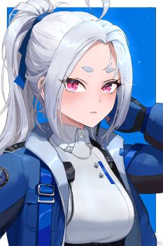 Rule 34 | 1girl, absurdres, ahoge, blue gloves, blue jacket, blue ribbon, chest harness, collared shirt, earpiece, gloves, grey hair, grey shirt, harness, highres, jacket, long hair, long sleeves, looking at viewer, ohaaang, open clothes, open jacket, parted bangs, pink eyes, police, ponytail, ribbon, shirt, short eyebrows, sirian rain, solo, upper body, virtual youtuber, waktaverse