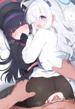1boy 2girls ass bar_censor bed_sheet beret black_gloves black_hair black_hat black_pantyhose black_serafuku blue_archive blue_eyes blunt_bangs blush breath censored clothes_lift commentary_request doggystyle ear_blush ffm_threesome gloves grey_hair group_sex hair_spread_out halo hat heart hetero highres holding_another's_leg jacket justice_task_force_member_(blue_archive) kunugi_miyaco loli long_hair looking_at_viewer male_pubic_hair millennium_science_school_student_(blue_archive) millennium_science_school_student_b_(blue_archive) motion_lines multiple_girls nose_blush paid_reward_available pantyhose penis pillow pleated_skirt pov pov_crotch pov_hands pubic_hair red_eyes school_uniform serafuku sex sex_from_behind skirt skirt_lift sweat threesome torn_clothes torn_pantyhose torso_grab vaginal very_long_hair white_jacket white_skirt