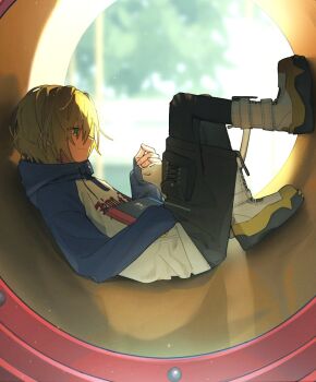 1boy animal animal_on_lap black_pantyhose blonde_hair blurry blurry_background cat cat_on_lap commentary green_eyes hood hood_down hoodie kurotayan male_focus nijisanji nintendo_switch official_alternate_costume on_lap pantyhose petting reclining shoes short_hair shorts smile sneakers solo symbol-only_commentary uzuki_kou uzuki_kou_(5th_costume) virtual_youtuber