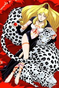 black_dress blonde_hair breasts bromide dress highres jewelry long_hair long_legs lunar lunar:_the_silver_star navel necklace official_art orange_eyes panther ponytail tattoo tribal_tattoo xenobia