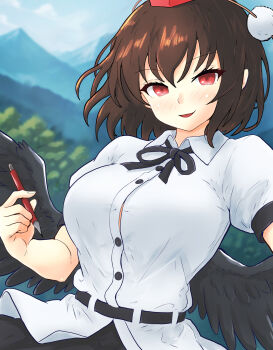 1girl :d black_ribbon black_skirt black_wings breasts brown_hair button_gap collared_shirt day feathered_wings hat highres hinben holding holding_pen large_breasts looking_at_viewer neck_ribbon open_mouth outdoors pen pom_pom_(clothes) puffy_short_sleeves puffy_sleeves red_eyes red_hat ribbon shameimaru_aya shirt short_hair short_sleeves skirt smile solo tokin_hat touhou upper_body white_shirt wings