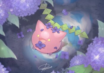 artist_name commentary_request flower from_above gen_2_pokemon happy highres hoppip leaf looking_up nintendo no_humans ojikano open_mouth outdoors pokemon pokemon_(creature) pokemon_focus puddle purple_flower water wet yellow_eyes