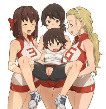 10s 4girls assisted_exposure bare_shoulders bike_shorts black_eyes black_hair blonde_hair blush breasts brown_hair carrying cleft_of_venus closed_eyes clothes_writing clothing_cutout crotch_cutout crotchless elbow_pads female_focus flat_chest girl_sandwich girls_und_panzer gym_shorts gym_uniform hairband isobe_noriko kawanishi_shinobu kondou_taeko large_breasts legs long_hair multiple_girls no_panties non-web_source open_mouth ponytail presenting pussy sandwiched sasaki_akebi shadow shiny_skin shirt shoes short_hair short_shorts shorts simple_background sleeveless sleeveless_shirt smile sneakers sportswear spread_legs standing tenchisouha thigh_gap thighs torn_bike_shorts torn_clothes uncensored volleyball_uniform wardrobe_malfunction white_background yuri