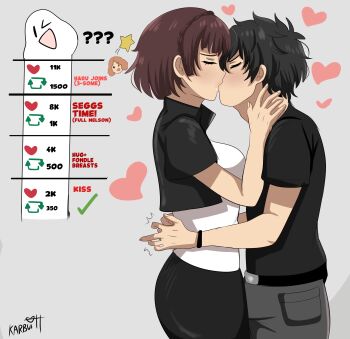 amamiya_ren atlus black_hair brown_hair hands_around_waist heart jacket kiss megami_tensei niijima_makoto okumura_haru persona persona_5 twitter_strip_game
