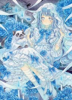 1girl absurdres amu_(m_aa) animal artist_name bandaged_arm bandaged_leg bandages barefoot blue_eyes blue_fire blue_flower blue_hair blue_nails blue_rose bone bow bug butterfly candle closed_mouth dated dog dot_mouth dot_nose dress expressionless fire floating flower ghost halloween highres holding holding_bone insect long_hair looking_at_viewer nail_polish original painting_(medium) petals rose signature silk spider spider_web traditional_media veil watercolor_(medium) white_bow white_dress