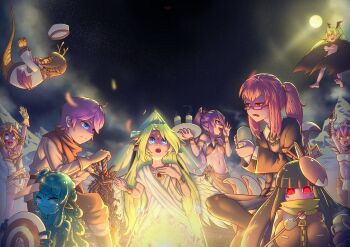 Rule 34 | 1boy, 6+girls, absurdres, angel, angel halo (mon-musu quest!), angel wings, antlers, armband, armlet, bandeau, bare shoulders, barefoot, bat wings, black cloak, blonde hair, blue eyes, blue skin, blush, blush stickers, boomerang, bracelet, breasts, brown armband, brown bandeau, brown hair, brown helmet, brown shorts, campfire, camping, circlet, claws, cloak, coffee mug, collared shirt, colored skin, commentary, cup, dragon girl, dragon wings, dripping, english commentary, facial tattoo, fake horns, feathered wings, female goblin, fins, fire, flat chest, floating liquid, flying, food, fox mask, full moon, gem, glasses, gloves, gob (mon-musu quest!), goblin, hair between eyes, hair ornament, hair ribbon, hat, head fins, head wings, helmet, highres, holding, holding cup, holding shield, holding sword, holding tray, holding weapon, horned helmet, horns, ilias, ilias (sealed), jacket, jewelry, lamia, large breasts, lime (mon-musu quest!), long hair, long sleeves, luka (mon-musu quest!), marshmallow, mask, mask on head, midair, mon-musu quest!, mon-musu quest: paradox, monster girl, moon, mountain, mug, multiple girls, navel, necklace, night, nuruko, open mouth, pantyhose, papi (mon-musu quest!), pointy ears, ponytail, promestein, purple hair, red-framed eyewear, red eyes, red gem, red hair, red jacket, revenge (vengerezn), ribbon, sailor collar, sailor hat, sailor shirt, scales, scarf, scylla, see-through body, shield, shirt, short hair, shorts, sidelocks, single horn, skirt, sky, slime (substance), slime girl, smile, snow, star (sky), starry sky, steam, steaming cup, sword, tail, tatsuko (mon-musu quest!), tattoo, teeny (mon-musu quest!), tent, tentacle hair, tooth necklace, tray, tunic, twintails, vampire, vanilla (mon-musu quest!), very long hair, weapon, white tunic, white wings, wings, yellow eyes, yellow scarf, zipper