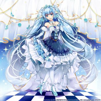 1girl aqua_hair asagao_minoru blue_eyes breasts commentary_request detached_collar dress eighth_note fortissimo frilled_dress frills hair_ornament hatsune_miku high_heels highres long_hair long_sleeves looking_at_viewer musical_note musical_note_hair_ornament nurimas official_alternate_costume official_alternate_hairstyle open_mouth puffy_long_sleeves puffy_sleeves small_breasts smile solo strapless strapless_dress twintails very_long_hair vocaloid yuki_miku yuki_miku_(2019)