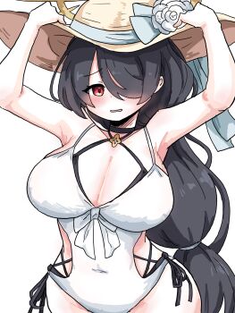 1girl black_hair blue_archive breasts casual_one-piece_swimsuit cleavage criss-cross_halter flower hair_over_one_eye halo halterneck hat hat_flower highres hinata_(blue_archive) hinata_(swimsuit)_(blue_archive) large_breasts layered_swimsuit long_hair looking_at_viewer official_alternate_costume one-piece_swimsuit red_eyes side-tie_swimsuit solo sun_hat swimsuit tachikaze_miyako very_long_hair white_one-piece_swimsuit yellow_halo yellow_hat
