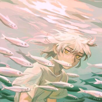 1boy covered_mouth fish highres looking_at_viewer male_focus ocean original poxeii shirt short_sleeves underwater white_hair white_shirt yellow_eyes