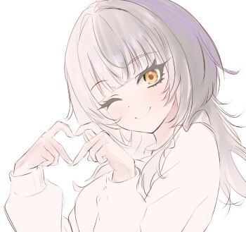 1girl ;) akamiya_mumu black_hair closed_mouth grey_hair hololive hololive_english looking_at_viewer multicolored_hair one_eye_closed shiori_novella simple_background smile solo split-color_hair sweater two-tone_hair virtual_youtuber white_background white_sweater yellow_eyes