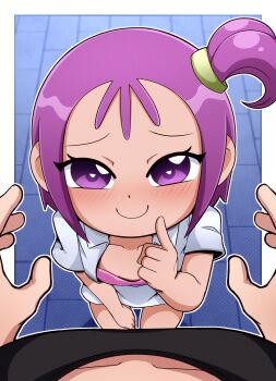1boy 1girl age_difference blush border bra closed_mouth collarbone dot_nose eyelashes feet_out_of_frame finger_to_cheek flat_chest from_above gi0gi0 hetero index_finger_raised indoors loli looking_at_viewer looking_up matching_hair/eyes ojamajo_doremi pink_bra ponytail pov purple_eyes purple_hair segawa_onpu seiza shirt short_ponytail short_sleeves side_ponytail sitting size_difference smile solo_focus underwear white_border white_shirt