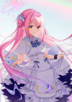 Rule 34 | 1girl, absurdres, angel wings, blue archive, blue bow, bow, breasts, buttons, capelet, closed mouth, clothes lift, commentary request, crescent, double-breasted, dress, gold trim, halo, highres, lifting own clothes, long hair, looking at viewer, low wings, medium breasts, mika (blue archive), pink hair, pink halo, poppy (poppykakaka), scrunchie, skirt, skirt lift, smile, solo, very long hair, white capelet, white dress, white wings, wing ornament, wings, wrist scrunchie