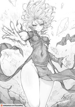1girl absurdres bare_legs covered_navel dress female_pubic_hair fkscrashing floating floating_rock greyscale highres legs_together looking_at_viewer monochrome naked_dress no_panties one-punch_man paid_reward_available pubic_hair pubic_hair_peek short_hair smile solo tatsumaki telekinesis thighs torn_clothes torn_dress