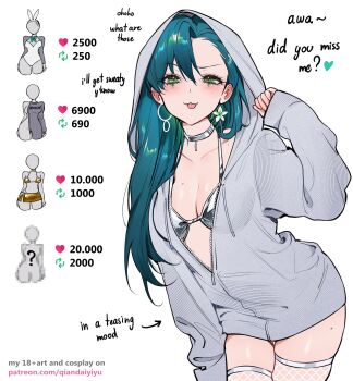 Rule 34 | 1girl, :3, :p, aqua hair, bikini, blush, breasts, choker, cleavage, collarbone, commentary, contrapposto, cowboy shot, drawstring, earrings, english commentary, english text, eyelashes, fishnet thighhighs, fishnets, flower earrings, green eyes, grey jacket, hair between eyes, highres, hood, hood up, hooded jacket, jacket, jewelry, long hair, long sleeves, looking at viewer, medium breasts, mole, mole on breast, mole on collarbone, mole on thigh, multiple moles, no pants, original, paid reward available, partially unzipped, patreon username, qiandaiyiyu, raised eyebrow, rin (qiandaiyiyu), silver bikini, silver choker, simple background, skindentation, sleeves past wrists, solo, swimsuit, thigh gap, thighhighs, thighs, tongue, tongue out, twitter strip game, watermark, web address, white background