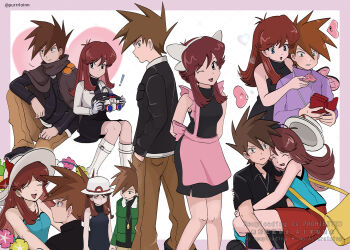 Rule 34 | !, 1boy, 1girl, absurdres, ahoge, alternate costume, alternate hairstyle, animal ears, annoyed, apron, aqua dress, aqua shirt, armpit crease, bag, bare arms, bare shoulders, black dress, blue eyes, blue oak, blush, boots, breasts, brown hair, carrying, closed eyes, closed mouth, couple, cropped jacket, curled fingers, dot mouth, dress, embarrassed, expressionless, eyelashes, fake animal ears, fingernails, full body, gen 3 pokemon, gloves, goggles, green (pokemon), green eyes, hair bun, halterneck, happy, happy valentine, hat, heart, high heel boots, high heels, highres, holding, invisible chair, jacket, knee boots, knees, leaf (pokemon) (cosplay), leg warmers, legs, long hair, long sleeves, looking at another, looking to the side, luvdisc, medium breasts, medium hair, miniskirt, multiple views, nintendo, no gloves, official alternate costume, one eye closed, open clothes, open jacket, open mouth, pink apron, pleated skirt, pokemon, pokemon adventures, porkpie hat, princess carry, purrrloin, red skirt, shaded face, shirt, short dress, shoulder bag, side slit, sidelocks, sitting, skirt, sleeveless, sleeveless dress, sleeveless shirt, smile, socks, spiked hair, spoken exclamation mark, standing, sun hat, sundress, thighs, tight clothes, tight dress, turtleneck, turtleneck dress, white boots, white gloves, white jacket, wink, wrist cuffs