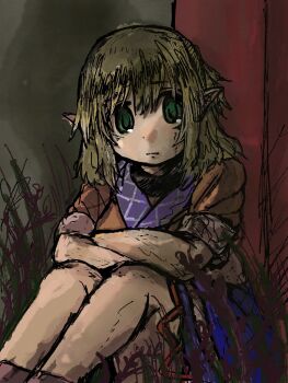 1girl blonde_hair commentary_request dade_ne green_eyes highres legs_together looking_at_viewer medium_hair mizuhashi_parsee one-hour_drawing_challenge pointy_ears sitting solo touhou