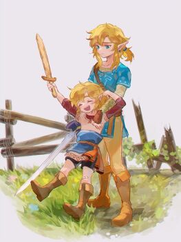 2boys aged_down bandaid bandaid_on_leg black_gloves blonde_hair blue_eyes blue_tunic blush boots broken_fence brown_pants champion's_tunic_(zelda) child closed_mouth clothes_around_waist earrings fence fingerless_gloves full_body gloves grass happy holding holding_sword holding_weapon jewelry light_blush link long_hair long_sleeves looking_at_another master_sword multiple_boys nintendo open_mouth pants pointy_ears ponytail rain_rkgk sad shirt simple_background smile standing sword the_legend_of_zelda the_legend_of_zelda:_breath_of_the_wild the_legend_of_zelda:_tears_of_the_kingdom time_paradox tunic weapon white_background wooden_fence wooden_sword