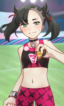 1girl asymmetrical_bangs black_choker black_hair black_sports_bra blurry blurry_background blush choker closed_mouth cowboy_shot dusk_ball dynamax_band earrings hair_ribbon hand_up highres holding holding_poke_ball jewelry light_smile looking_at_viewer marnie_(pokemon) midriff navel nintendo official_alternate_costume pants poke_ball pokemon pokemon_swsh purple_pants ribbon single_earring solo sports_bra stadium stomach sweatdrop twintails undercut yokoyoko3