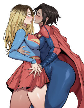 2girls absurdres ass belt blonde_hair blue_bodysuit blue_eyes blush bodysuit breast_press breasts brown_hair cape closed_eyes dc_comics dc_extended_universe hand_on_another&#039;s_back highres imminent_kiss kara_danvers large_breasts leotard long_hair mg991998 multiple_girls multiple_persona red_cape short_hair shy skirt sleeved_leotard supergirl superhero_costume superman_(2025) superman_(series) superman_logo surprised sweat the_flash_(movie) thick_thighs thighs toned toned_female yuri