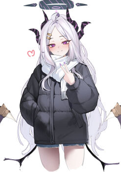 Rule 34 | 1girl, absurdres, ahoge, black horns, black jacket, blue archive, bubble99, closed mouth, commentary request, cropped legs, hand in pocket, hand up, highres, hina (blue archive), horns, jacket, korean commentary, long hair, long sleeves, low wings, multiple horns, purple eyes, purple nails, scarf, simple background, smile, solo, v, very long hair, white background, white hair, white scarf, wings