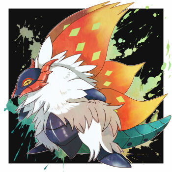 +_+ border commentary_request full_body nintendo no_humans pokemon pokemon_(creature) pokemon_focus shuga_(mhwii) slither_wing solo splatter standing white_border white_fur yellow_eyes