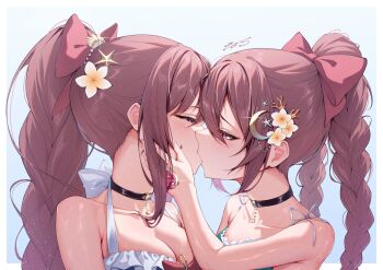 2_ru 2girls amane_tsukasa amane_tsukasa_(swimsuit_ver.) amane_tsukuyo amane_tsukuyo_(swimsuit_ver.) black_choker bow braid braided_ponytail braided_twintails breasts brown_hair choker cleavage commentary_request crescent crescent_hair_ornament eye_contact flower from_side gem hair_bow hair_flower hair_ornament half-closed_eyes hand_on_another's_cheek hand_on_another's_face highres incest kiss long_hair looking_at_another magia_record:_mahou_shoujo_madoka_magica_gaiden mahou_shoujo_madoka_magica multiple_girls official_alternate_costume ponytail portrait red_bow siblings sidelocks sisters twin_braids twincest twins yuri