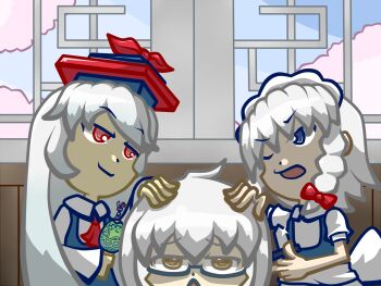 1boy 2girls ahoge ascii_art blue_eyes bow cherry_blossoms glint hair_bow hand_on_another's_head hetero highres izayoi_sakuya kamishirasawa_keine knife long_hair maid maid_headdress morichika_rinnosuke multiple_girls qq76898412 red_eyes shine smile suanhongzao teacher throwing_knife touhou weapon white_hair