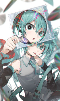 1girl aqua_eyes aqua_hair aqua_necktie collared_shirt detached_sleeves grey_shirt hair_between_eyes hand_up hatsune_miku highres holding kieed long_hair long_sleeves necktie parted_lips shirt signature sleeveless sleeveless_shirt smile tongue tongue_out twintails very_long_hair vocaloid