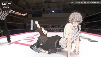 Rule 34 | 2boys, black hair, caelus (honkai: star rail), dan heng (honkai: star rail), grey hair, hair between eyes, head between thighs, honkai: star rail, honkai (series), male focus, multiple boys, reference inset, scissorhold, shirt, short hair, smile, teriekko, tokyo joshi pro wrestling, trailblazer (honkai: star rail), white shirt, wrestling, wrestling ring, yellow eyes