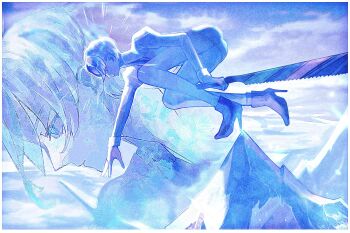 1other antarcticite black_necktie blue_sky commentary_request gem_uniform_(houseki_no_kuni) highres houseki_no_kuni necktie nogiii_3 shirt shorts sky snow solo white_hair white_shirt white_shorts