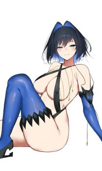 1girl blue_eyes blue_hair blue_thighhighs blush breasts closed_mouth commentary criss-cross_halter criss-cross_straps detached_sleeves hair_intakes halterneck highres hololive hololive_english knee_up large_breasts looking_at_viewer mulhubs ouro_kronii revealing_clothes short_hair simple_background sitting smile solo swept_bangs thighhighs virtual_youtuber white_background