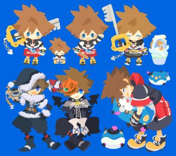 ^_^ bat_wings black_gloves black_shorts blue_background blue_eyes blush_stickers brown_hair charm_(object) closed_eyes commentary_request crown_necklace fur-trimmed_jacket fur-trimmed_sleeves fur_trim gloves hair_between_eyes hat holding holding_weapon hood hood_down hooded_jacket horns hug jacket jewelry keyblade kingdom_hearts kingdom_hearts_3d:_dream_drop_distance kingdom_hearts_ii long_sleeves male_focus mask mask_on_head multiple_views necklace official_alternate_costume one_eye_covered red_shorts rizu_(rizunm) santa_costume santa_hat shoes short_hair shorts simple_background single_horn sitting sora_(christmas_town)_(kingdom_hearts) sora_(halloween_town)_(kingdom_hearts) sora_(kingdom_hearts) spiked_hair weapon white_fur white_gloves wings wondernyan_(kingdom_hearts) yellow_shoes