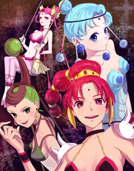 1990s_(style) 4girls bad_id bad_pixiv_id bindi bishoujo_senshi_sailor_moon bishoujo_senshi_sailor_moon_supers blue_eyes blue_hair bow breasts cerecere_(sailor_moon) choker earrings evil_smile flower green_eyes green_hair hair_bun hair_ornament hair_ribbon hair_rings hairpin high_ponytail jewelry junjun_(sailor_moon) leotard long_hair midriff multi-tied_hair multiple_girls navel on_swing pallapalla_(sailor_moon) pink_flower pink_hair pink_legwear pink_rose ponytail red_eyes red_hair retro_artstyle ribbon rose see-through_clothes short_hair single_hair_bun skirt smile swing tuuuh vesves_(sailor_moon) wrist_cuffs yellow_bow