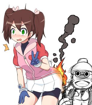 1girl bike_shorts breasts brown_hair burning fire gloves green_eyes hand_on_leg hand_on_own_leg hand_on_own_thigh hand_on_thigh highres jacket leaning_forward legs looking_at_viewer monkey open_mouth saru_getchu sayaka_(saru_getchu) skirt small_breasts surprised thighs twintails v