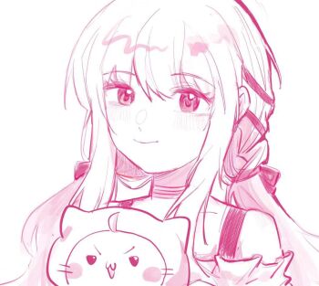 1girl ahoge animal bare_shoulders blush_stickers bow bra_strap cat chinese_commentary closed_mouth clothed_animal collarbone commentary_request dot_nose ear_covers eyelashes frilled_shirt frills hair_between_eyes hair_bow hair_ribbon happy hood hood_up infinity_nikki landeqinicheng310 light_blush long_hair long_sidelocks looking_at_viewer low_twintails momo_(nikki) monochrome nikki_(nikki) nikki_(series) off-shoulder_shirt off_shoulder open_mouth perfect_start_(infinity_nikki) pink_theme ribbon shirt sidelocks simple_background single_stripe smile striped_choker tress_ribbon twintails upper_body v-shaped_eyebrows whiskers white_background