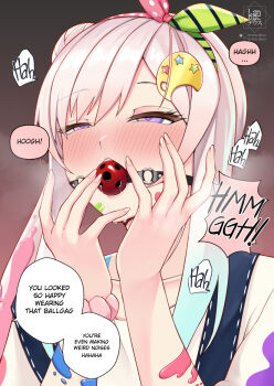 1girl airani_iofifteen airani_iofifteen_(1st_costume) artist_logo ball_gag ball_gag_progress_bar_(meme) blue_overalls blush collarbone commentary english_commentary english_text gag gradient_hair green_ribbon hair_bun hair_ribbon hand_on_own_cheek hand_on_own_face hololive hololive_indonesia landacdeus logo long_hair meme multicolored_hair multicolored_ribbon overalls paid_reward_available paint_splatter paint_splatter_on_face palette_hair_ornament pink_hair pink_ribbon polka_dot polka_dot_ribbon purple_eyes ribbon solo speech_bubble star_(symbol) star_in_eye striped_ribbon symbol_in_eye upper_body virtual_youtuber