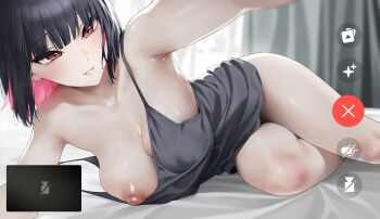 1girl absurdres banana_oekaki bare_legs bare_shoulders bed_sheet black_hair blue_archive blush breasts colored_inner_hair commentary_request dress halo highres huge_nipples indoors kazusa_(blue_archive) large_areolae large_breasts looking_at_viewer lying multicolored_hair nipple_slip nipples no_bra off_shoulder on_bed on_side outstretched_arm pink_hair puffy_nipples reaching reaching_towards_viewer red_eyes selfie short_hair smile solo thighs two-tone_hair