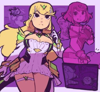 Rule 34 | 3girls, bare legs, bare shoulders, black eyes, blonde hair, breasts, cleavage, cleavage cutout, clothing cutout, cut-in, dress, elbow gloves, gem, gloves, headpiece, highres, kirby, large breasts, limited palette, long hair, meme, microdress, multiple girls, mythra (xenoblade), nintendo, open mouth, pointing, purple background, pyra (xenoblade), short dress, short hair, smile, splatin2, super smash bros., swept bangs, thigh strap, tiara, two soyjaks pointing (meme), v-shaped eyebrows, villager (animal crossing), white dress, white gloves, xenoblade chronicles (series), xenoblade chronicles 2