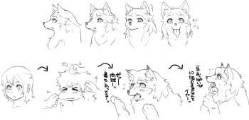 Rule 34 | > <, animal hands, animalization, cheek pinching, closed eyes, dog, furrification, furry, monochrome, nezunezu, pinching, transformation, translated