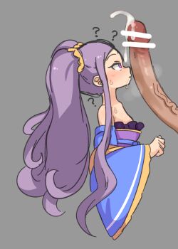 1boy 1girl ? bar_censor basukechi breasts censored cum drooling ejaculation erection fate_(series) grey_background highres large_penis loli penis penis_awe purple_hair simple_background small_breasts source_request sweat tagme twintails wu_zetian_(fate)