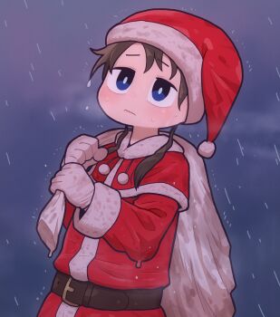 1girl belt black_hair blue_eyes bright_pupils buckle capelet christmas commentary_request gloves hat highres holding holding_sack original outdoors pom_pom_(clothes) rain sack santa_costume santa_hat solo takurada twintails wavy_mouth wet wet_clothes white_pupils
