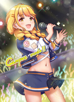 1girl audience blonde_hair blue_skirt blurry blurry_background blush braid campus_mode!!_(idolmaster) concert cowboy_shot cropped_jacket fang fujita_kotone gakuen_idolmaster hair_ornament hair_over_shoulder hairclip highres holding holding_microphone idolmaster koaya long_hair long_sleeves microphone midriff navel open_mouth skirt solo standing twin_braids yellow_eyes