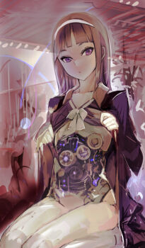 Rule 34 | 1girl, android, blunt bangs, brown hair, clothes lift, dress, dress lift, female focus, hairband, long hair, mecha musume, mechabare, original, purple eyes, robot, sitting, solo, uturo