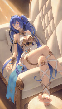 1girl absurdres armlet bare_shoulders barefoot blue_eyes blue_hair breasts bridal_gauntlets cleavage commentary couch crossed_legs feet fingernails gold_bra hair_belt highres indoors iuno_(wuthering_waves) jewelry laurel_crown leg_wrap long_hair looking_to_the_side lying medium_breasts on_back on_couch one_eye_closed parted_lips single_bridal_gauntlet soles solo tacet_mark_(wuthering_waves) thighlet thighs toenails toes toroe02 twintails vambraces very_long_hair white_bridal_gauntlets wuthering_waves